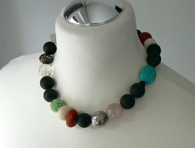 Halskette Collier D´Oro Lina  Lavastein Schaumkoralle Rosenquarz Glücksbringer - Bild 1 von 4