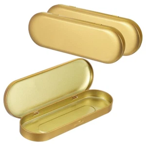 Caja de lata con bisagras de metal de 6,9 x 2,4 x 0,7 pulgadas 3 piezas para pinceles de maquillaje de pluma, dorada - Imagen 1 de 6