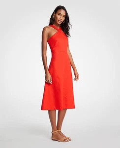 NWT ANN TAYLOR Red Linen Molten Lava Cross Neck Halter Dress 18 - Picture 1 of 6
