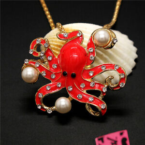 New Pearl Octopus Red Enamel Crystal Fashion Women Pendant Sweater Necklace