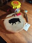Native American Southwestern Buffalo Rawhide Wood Drum With Maraca And Two Sided