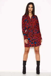 Red Animal Print Tie Waist Shirt Dress SIZE UK 10 D1 - Picture 1 of 4