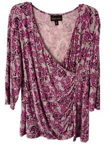 Dana Buchman Top Women XL Purple Print Surplice Side V-Neck 3/4 Sleeves Blouse