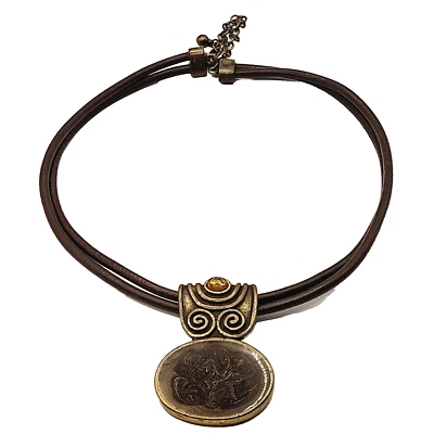 Chico's 青铜色珐琅奖章带琥珀玻璃吊坠项链人造皮革 — 第 1/4 张图片