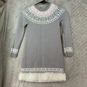 Miss Mona Mouse Girls 6 Sweater Dress Gray Fair Isle Hearts Faux Fur - Picture 1 of 11