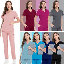 Women Stretch Scrub Uniform Set Nurse Slim V-Neck Tops Tapered Pants Women Scrub