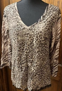 Chico’s Mesh & Lace Mixed Animal Print Top Brown sz 2 (12) - Picture 1 of 17