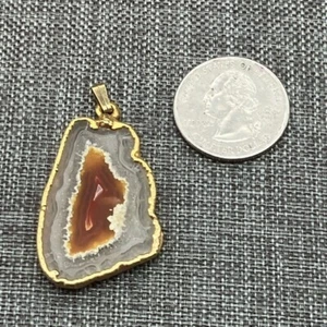 Yellow Agate Slice Pendant Gold Edge Druzy Natural Stone Grey White Organic BoHo - Picture 1 of 6