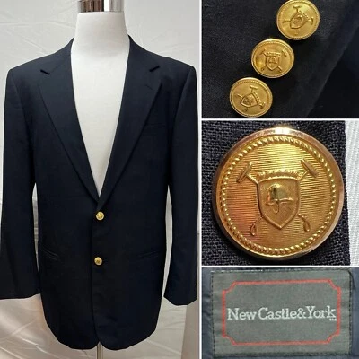 Casaco Jaqueta Blazer Vintage New Castle & York 42R Azul Marinho Dourado 2 Botões - Imagem 1 de 4