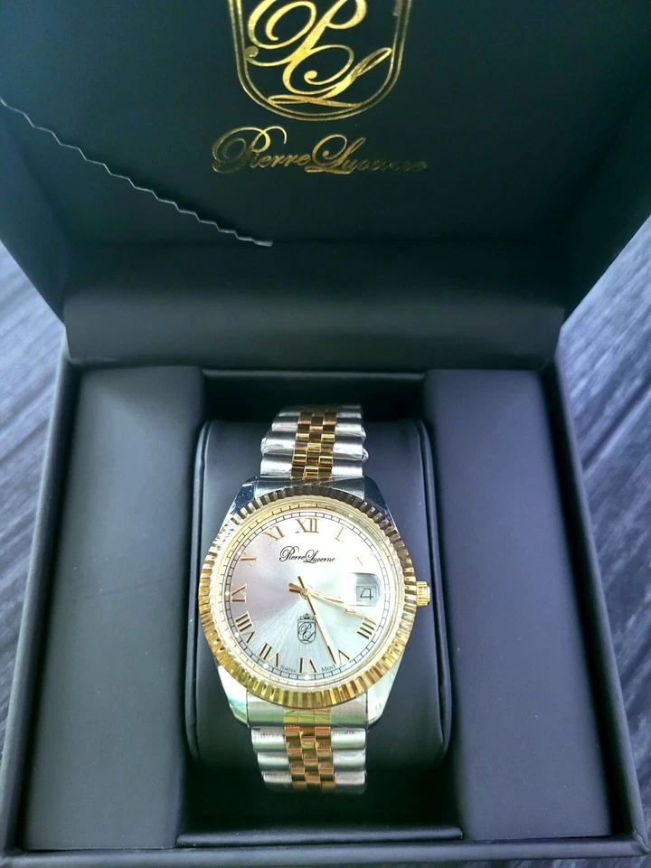 Auténtico reloj Pierre Lucerna suizo estriado Jubileo Presidente fecha solo para hombre nuevo en caja Foto 1 de 4