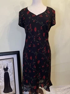 Donna Ricco Dress Size 10 Dark Floral Full Lined Rayon Raffles Sheer Mini - Picture 1 of 7