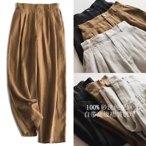 Women Linen Retro Loose Comfortable Slimming Elastic Waist Casual Wide Leg Pants - Picture 1 of 21
