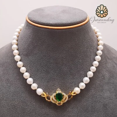 Подлинный 7 мм натуральный Akoya белый жемчуг ожерелье бисер 9 карат желтое золото изумруд - Изображение 1 из 4