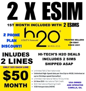 H2O H20 WIRELESS ๐ฅ E-SIMS 2 LINES โ
EACH WITH 1 MONTH INCLUDED โ
$25 LINE ! - Picture 1 of 3
