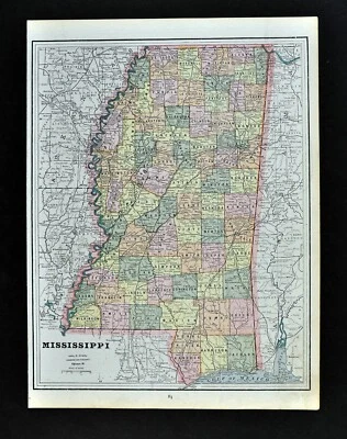 c 1900 Cram Map Mississippi Jackson Natchez Tupelo Biloxi Pascagoula Oxford Foto 1 de 2