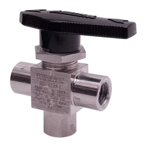 Whitey SS-43XF4 Stainless Steel Ball Valve, 3-Way, 1/4in Female NPT, 2500psi Max - Picture 1 of 9