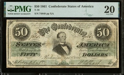 T-16 $50 1861 Confederate States Civil War Obsolete Banknote Currency, PMG VF20 - Image 1 of 4