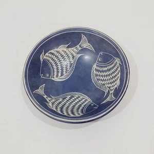 African Art Hand Carved Etched Soapstone Plate Fish Dish Dark Blue 4” Kenya - Picture 1 of 5