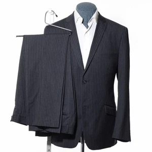 44R Slim-Fit Parc grau gestreift Wolle spitzes Revers 2-Teiler Anzug 35x32 Hose Sakko - Bild 1 von 14