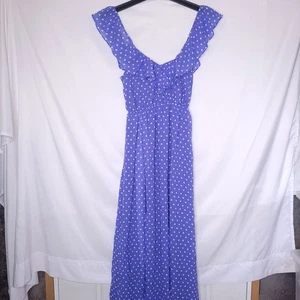 Lovers + Friends Maxi Dress Small Polka Dot Blue, White Ruffle NWOT - Picture 1 of 7