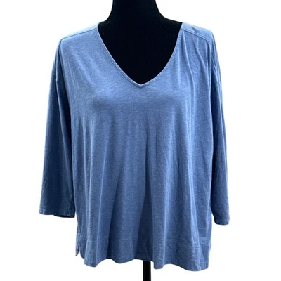 Blusa informal de mezcla de algodón J. Jill mangas 3/4 azul cuello en V grande Foto 1 de 4
