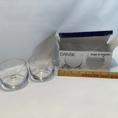 Azúcar y crema de vidrio artístico transparente Dansk NOS hecha a mano en caja original sin usar ** Foto 1 de 4