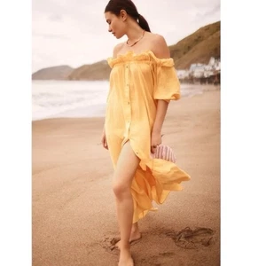 Maxi Vestido Anthropologie Talla Grande Amarillo Hombro Descubierto Volantes 2X Gasa - Imagen 1 de 10