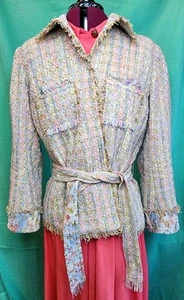 Tweed Fringe Button Suit Coat Y2k Clueless Prep Silk High End No Label Pink Blue - Picture 1 of 10