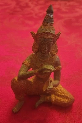 VTG GILT GREEN BRONZE THAI STATUE MUSICIAN GOLD ACCENTS SCULPTURE - Image 1 of 4