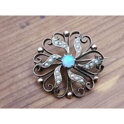 Broche Victoriano Oro Amarillo 14K Ópalo de Fuego y Perla Semilla 1" Diámetro Foto 1 de 4