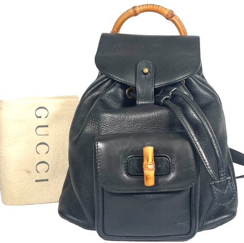 Zaino vintage Gucci bambù borsa con coulisse GG borsa in pelle nera bellissimo