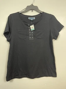 Karen Scott Black Lace Up Scoop Neck Plus Size 0X Blouse NWT Pockets Stretch - Picture 1 of 3