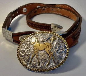 Western belt,Hand Tooled ,Silver Horse Buckle,Silver decor, Youth 28 ,total 34” - Picture 1 of 9