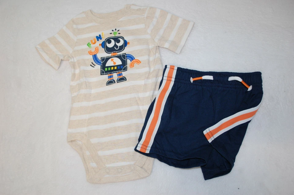 Baby Boys BEIGE WHITE STRIPED T-SHIRT Bodysuit ROBOT FUN! Navy Blue Shorts 12 MO - Image 1 of 1
