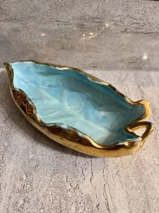Vintage Mid Century Turquoise Leaf Candy Dish 24 Kt Gold Trim-USA Pottery 9”x 4” - Picture 1 of 5