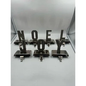Lot 7 Metal Silver NOEL @ JOY Christmas STOCKING HANGERS Holder Mantel Plaid - Picture 1 of 1