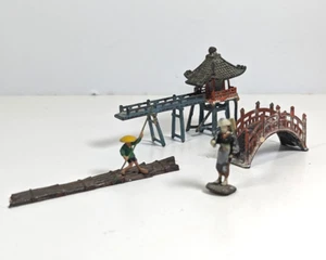Vintage Lead Miniature Japanese Pagoda Bridge People House Set of 4 - Picture 1 of 9