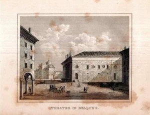 c1850 Teatro en Belluno Italia Véneto Italia Vista grabado en acero - Imagen 1 de 1