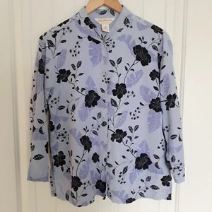 Norm Thompson Silk Leaf/Floral Button Up 3/4 Sleeve Mandarin Collar Blue Size M - Picture 1 of 8