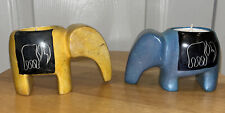 Lot of 2 Soapstone Elephant Votive Tea Light Candle Holders Blue & Yellow Heavy