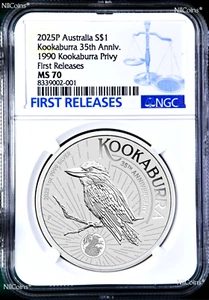 2025 1oz Silver Kookaburra NGC MS 70 $1 Coin 35th Anniversary 1990 Privy FR - Picture 1 of 2