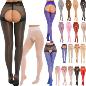 Womens Glossy Crotchless Pantyhose Stockings Stretchy Sexy Sheer Tights Lingerie - Picture 1 of 191