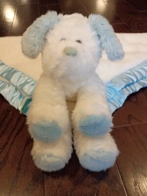 My Banky Baby Lovey Security Blanket White Puppy Dog Blue Satin Trim Douglas EUC - Image 1 of 4