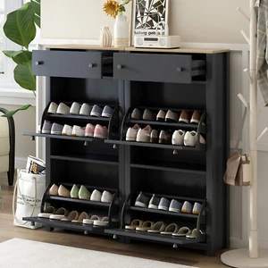 FUNIDEE Shoe Cabinet Entryway Organizer Shoe Rack with 4 Flip Drawers Black - Picture 1 of 10