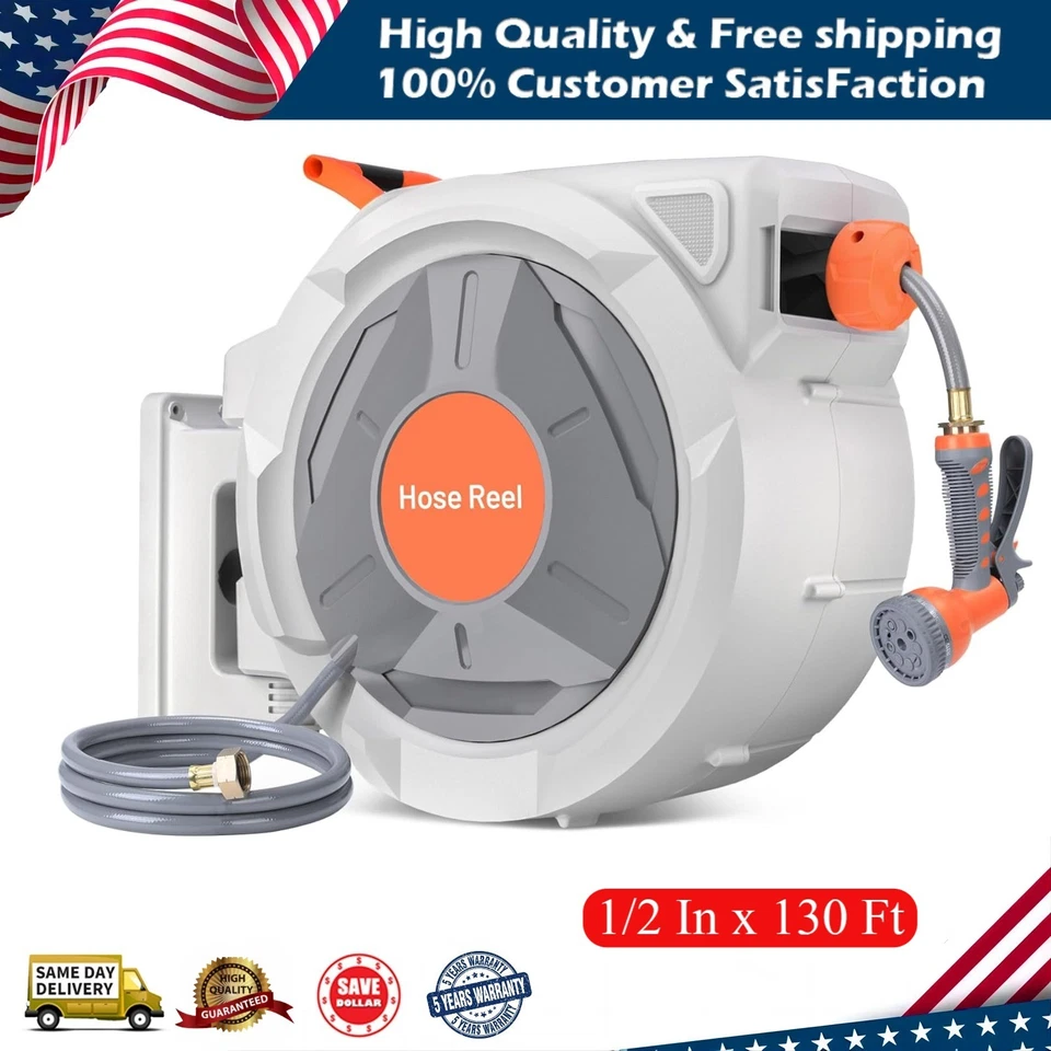 Retractable Garden Water Hose Reel Wall Mounted 1/2" x 130 ft Automatic Rewind - Image 1 of 4
