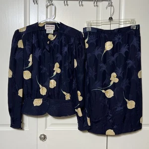 Maggy London Vintage Calla Lily geblümt 100 % Seide blau Bluse & Rock Gr. 4 - Bild 1 von 12
