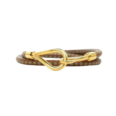 Hermes Jumbo Hook Bracelet Brown Gray Gold Leather Plated Used - Image 1 of 4