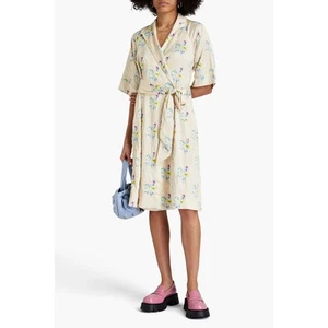 GANNI Floral Crinkle Wrap Dress In Yellow Size Medium Pink Blue Chic Sexy Wrap - Picture 1 of 20