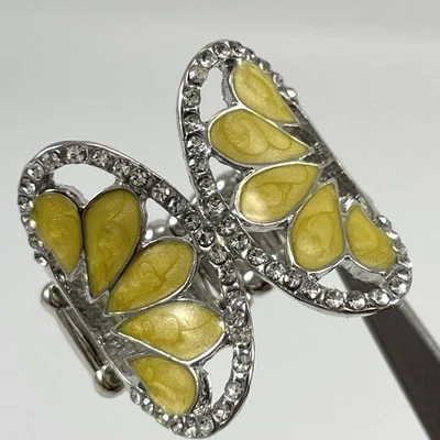 Anillo Mariposa Esmalte Amarillo Banda Elástica Tono Plata Ajustable Cóctel Foto 1 de 4