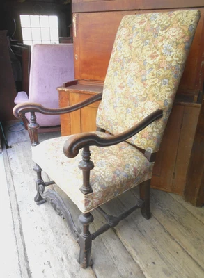 ANTIQUE 19th CENTURY JACOBEAN UPHOLSTERED ARMCHAIR WITH CARVED SPANISH FEET - Image 1 of 4